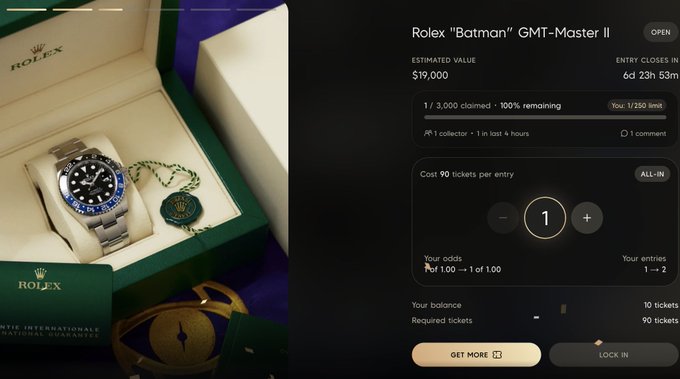 The image features a box containing a Rolex Batman G-matic II watch along with an advertisement for a fair where one can win their dream wristwatch. The auction price displayed on the website for the Rolex G-matic II watch is listed as $19, and it's estimated that there are 100 tickets available for purchase. The advertisement also suggests that the watch will be awarded to someone who wins the ticket draw, which means you have a chance to win your dream wristwatch!