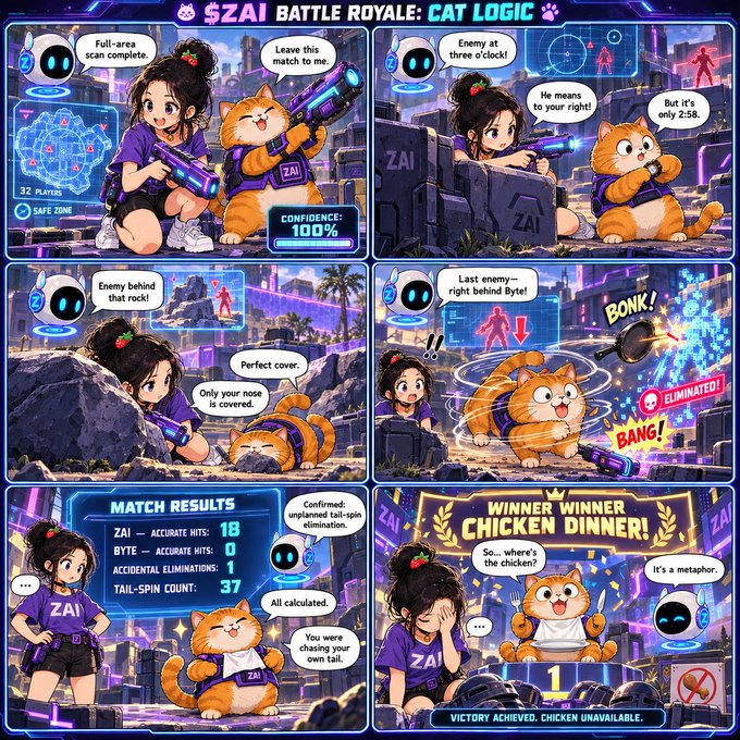 A six-panel comic titled "$ZAI BATTLE ROYALE: CAT LOGIC" depicts a girl and her orange cat duo winning a battle royale match, with a "WINNER WINNER CHICKEN DINNER!" screen showing "1" victory and a robot confirming "VICTORY ACHIEVED. CHICKEN UNAVAILABLE." The final punchline—"It's a metaphor"—cleverly ties to the post's tagline "Life needs a little excitement~" by humorously suggesting the real prize was the absurd journey (complete with 37 "TAIL-SPIN" dodges) rather than any literal reward.