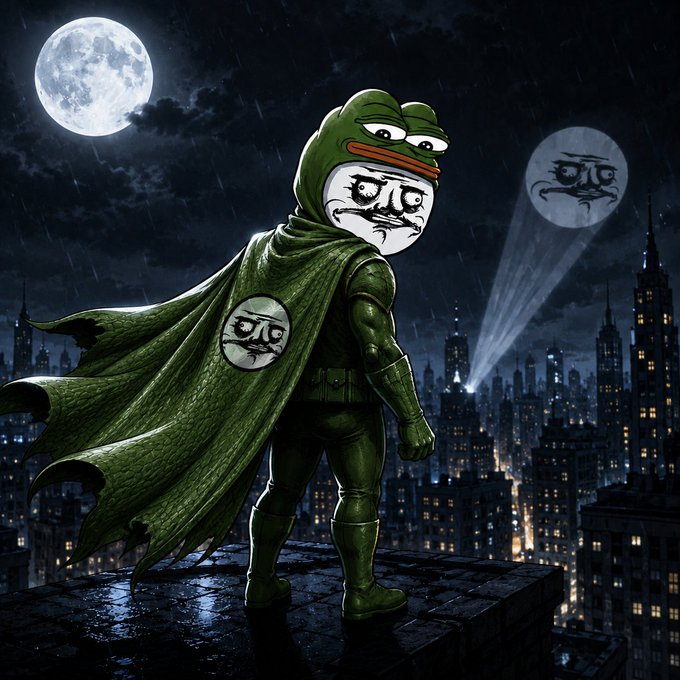 A muscular Pepe the Frog superhero figure stands atop a city rooftop at night, illuminated by a full moon, with a Bat-Signal-like projection in the sky and a full moon casting light across the urban skyline. The image embodies the post's message of "pure degen meme energy," portraying Pepe as a heroic original claiming his rightful place in the meme universe rather than imitating others.