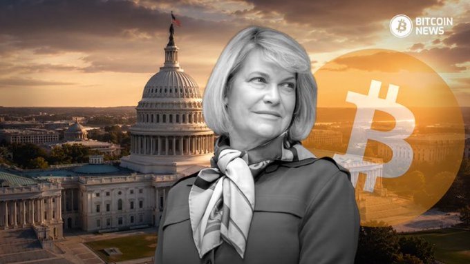 The image features Senator Cynthia Lummis in front of the U.S. Capitol building, accompanied by a Bitcoin logo and "BITCOIN NEWS" branding in the upper right corner. The visual reinforces her quote by symbolizing her push for the Clarity Act, which seeks to distinguish decentralized cryptocurrencies like Bitcoin from traditional banks in regulatory terms.