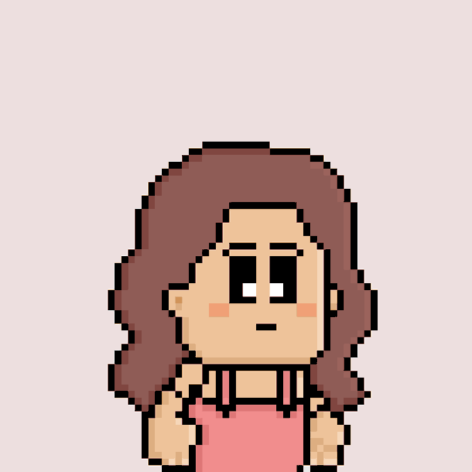 A pixel-art illustration of a brown-haired girl in a pink tank top with a neutral, slightly disappointed expression. Her unimpressed look reinforces the post's message that some users are not yet eligible for the Art Rebel Club whitelist, encouraging them to stay tuned for the upcoming FCFS GTD WL claim.