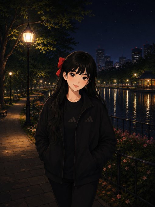 The image features a woman with long hair wearing a black jacket walking down a path at night, holding her hands together as she looks directly into the camera. The background of the image shows buildings lit up against the dark sky, creating an urban atmosphere. The caption "Good night, my sweet family Leave today’s worries behind, carry gratitude in your heart, and trust that brighter days are on their way" is written below the woman's photo.