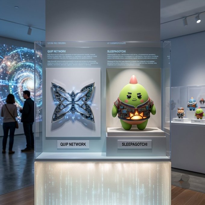 An exhibition display featuring two items: a metallic, star-shaped object labeled 'QUIP NETWORK' on the left, and a green, egg-shaped character figurine with a red tip labeled 'SLEEPAGOTCHI' on the right.