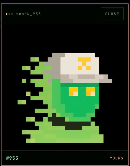 A pixel art creation interface showing a green, ghostly character with a white cap, labeled "snark_955" and "#955" with "YOURS" selected.