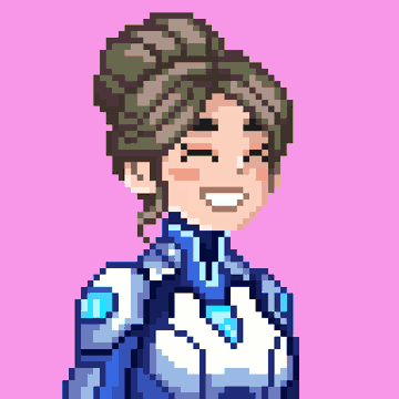 A pixel art portrait of a smiling female character with braided hair in a bun, wearing a blue futuristic outfit against a pink background.