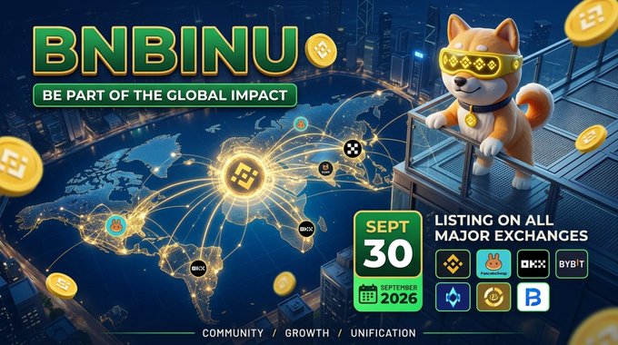 A promotional graphic for 'BNBINU' cryptocurrency, featuring a Shiba Inu dog wearing crypto sunglasses, advertising a listing on September 30, 2026 on major exchanges.