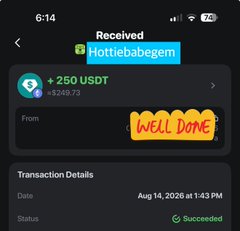 A mobile screenshot shows a successful "Received" transaction of +250 USDT (≈$249.73) into a wallet labeled "Hottieabegem," with a playful yellow sticker reading "WELL DONE" overlaid. This aligns with the post celebrating being paid for web3 gigs, with the USDT deposit serving as proof of the freelance earnings.