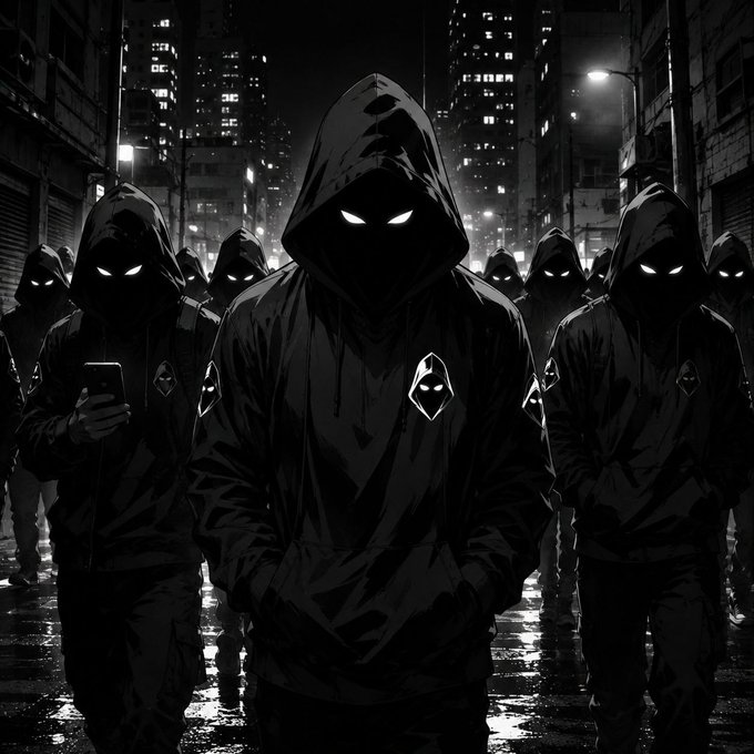 A group of hooded figures with glowing white eyes stands in a dark, rain-soaked urban street, with a logo featuring a similar hooded face visible on their chests. The ominous imagery reinforces the caption's exclusive tone, suggesting membership in a secretive online group symbolized by the hooded emblem.