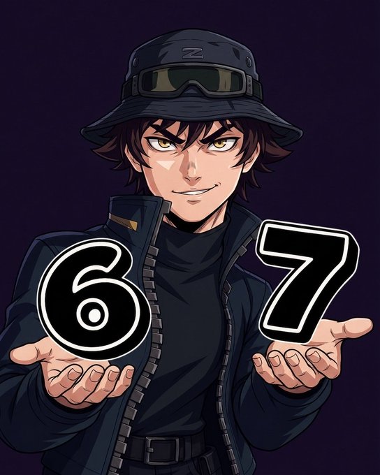 An anime-style illustration of a smiling man wearing a dark bucket hat with goggles, a black shirt, and a dark jacket. He holds out his hands, which display the numbers '6' and '7' on his palms.