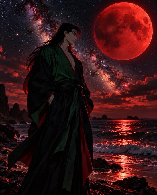 A digital artwork depicting a dark-haired figure in a green and black robe standing on a rocky shore under a dramatic red moon, with a starry cosmic sky and red-tinged ocean waves reflecting the celestial light.