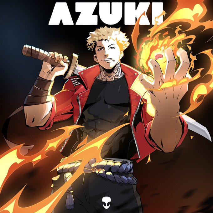 The image features a man with a sword and a large flame coming out of his mouth, dressed in a red jacket and black pants. The background is dark and has a fire effect that makes the flames appear even more intense. The caption below the image reads "@SteveG60117".