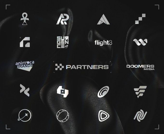 A 'PARTNERS' logo grid displayed on a black satin background, featuring various brand logos including flight3, DOOMERS MEDIA, animoca BRANDS, and others.