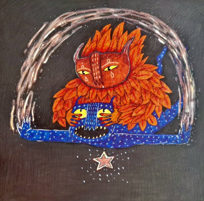 A hand-drawn illustration features a red horned mask surrounded by orange flames above a blue fanged face, set within a dome-like frame with a star below.