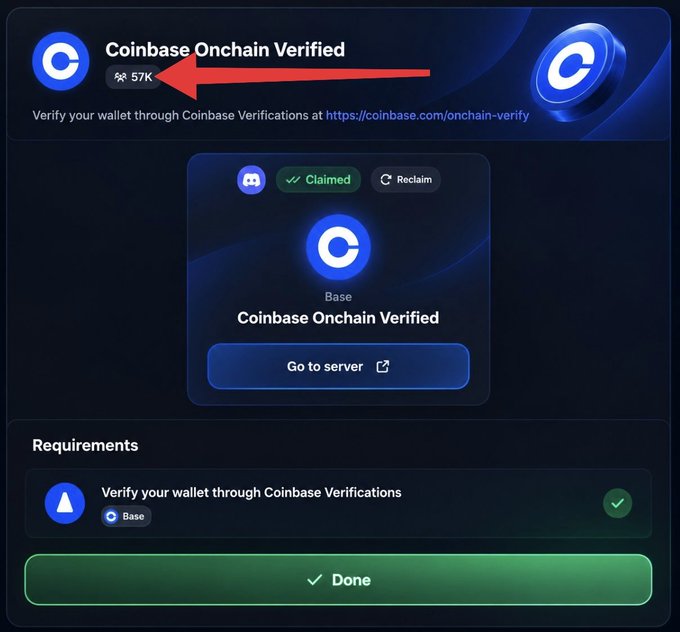 The image displays a "Coinbase Onchain Verified" role card on Guild.xyz showing 57K holders, with a red arrow pointing to this number, alongside verification requirements and a "Claimed" status, illustrating the limited allocation pool referenced in the post about securing the role to maximize $BASE allocation chances.