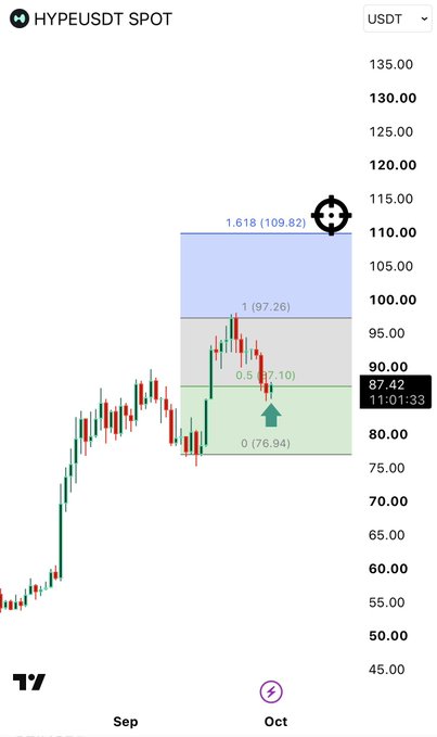 A candlestick trading chart for HYPEUSDT on TradingView displays Fibonacci retracement levels (0.5, 0, 1, 1.618) with the current price at 87.42.