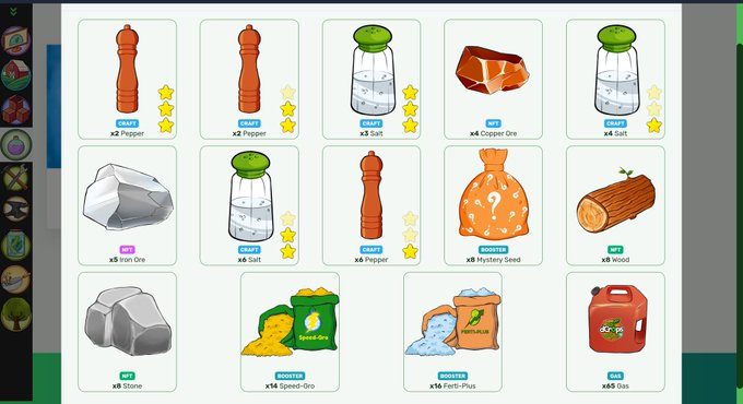 A game inventory interface showing various craftable items including x2 Pepper, x5 Salt, x4 Copper Ore, x4 Salt, x3 Iron Ore, x4 Salt, x4 Pepper, x8 Mystery Seed, x8 Wood, x8 Stone, x14 Speed-Gro, x14 Fertil-Plus, and x8 Gas.