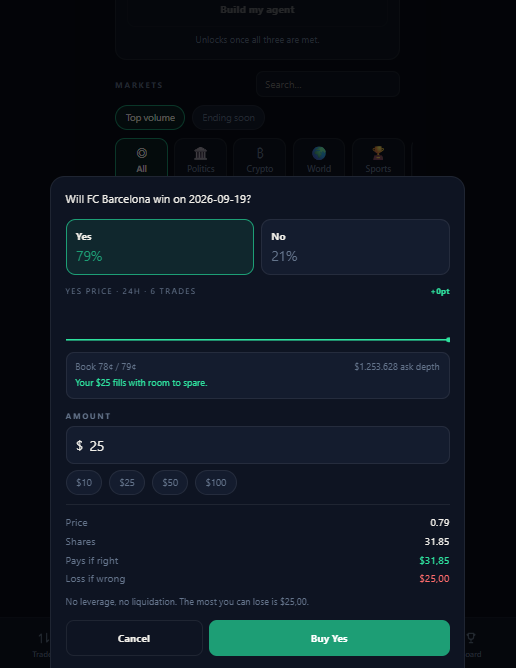 A mobile app screen showing a prediction market for 'Will FC Barcelona win on 2026-09-19?' with 'Yes' at 79% and 'No' at 21%, showing trade pricing details and a 'Buy Yes' button.
