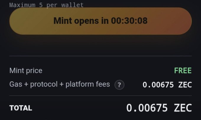 A dark digital interface showing a minting screen with a countdown timer reading 'Mint opens in 00:30:08', listing 'FREE' mint price and gas fees of '0.00675 ZEC' for a maximum of 5 per wallet.