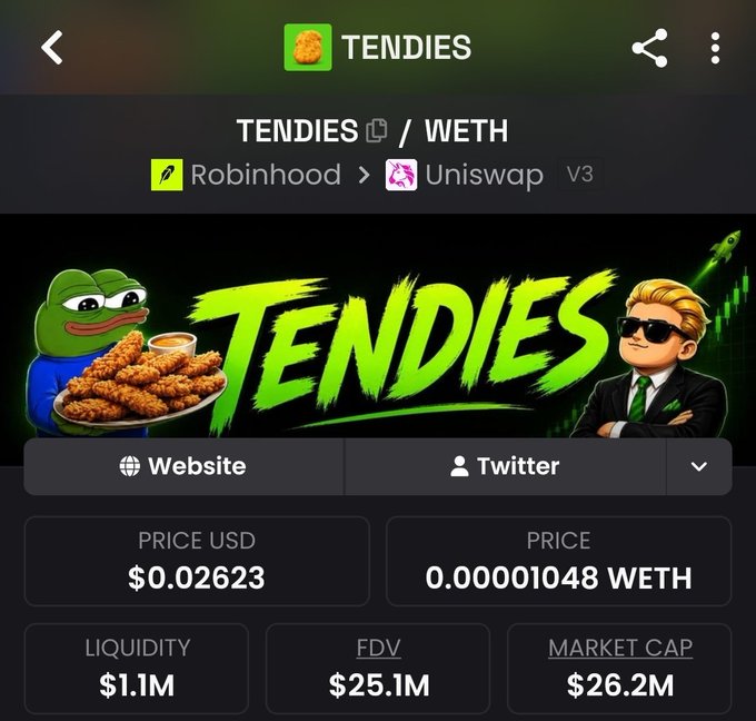 A screenshot of a cryptocurrency trading interface for the token 'TENDIES' (TENDIES/WETH), showing a Pepe the Frog meme and a businessman character, with a price of $0.02623 and a market cap of $26.2M.