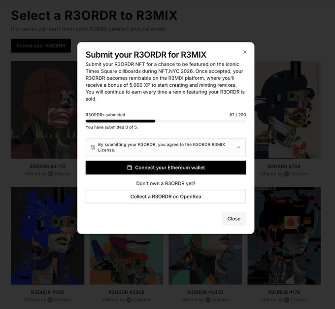 A modal popup titled 'Submit your R3ORDR for R3MIX' showing 87/200 R3ORDs submitted, with options to connect an Ethereum wallet or collect a R3ORDR on OpenSea, over a background of R3ORDR NFT thumbnails.