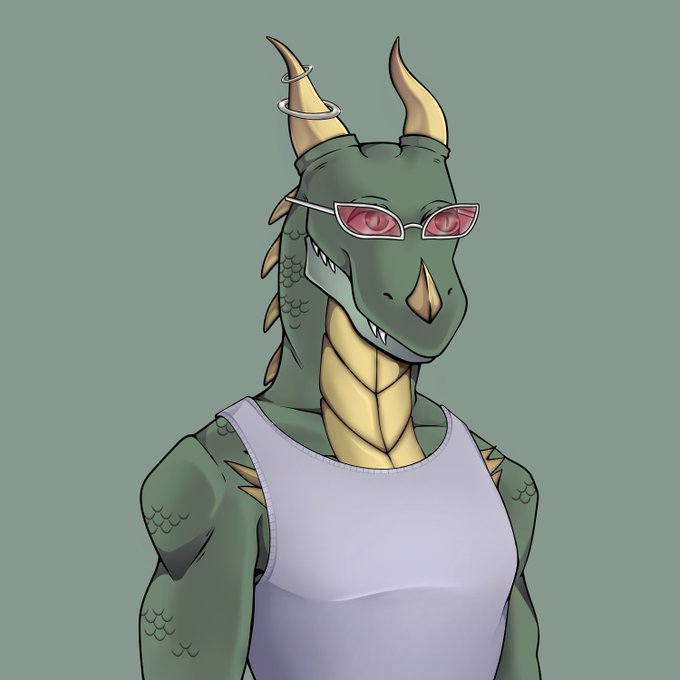 An illustration of an anthropomorphic green dragon wearing pink-tinted sunglasses, a silver ring on its horn, and a simple white tank top against a gray-green background.