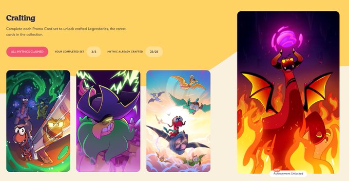 A 'Crafting' page for a Pokemon card collection site showing 'ALL MYTHICS CLAIMED', '3/3' completed sets, and '25/25' mythic alchemy crafted, featuring four card illustrations.