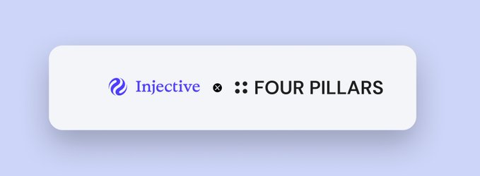 The image displays logos for Injective (in purple) and Four Pillars (in black), separated by a small symbol, on a white rounded card against a light purple background—visually representing the partnership where Four Pillars has become an institutional validator on the Injective network.