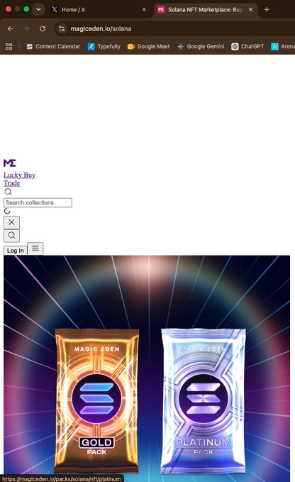 A screenshot of the Magic Eden Solana NFT Marketplace webpage showing 'Lucky Buy Trade' and featuring images of 'MAGIC EDEN GOLD PACK' and 'PLATINUM PACK' digital trading cards.