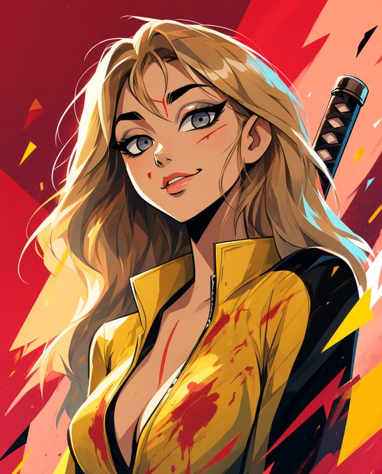 A fierce anime‑style blonde warrior in a blood‑splattered yellow jacket stands with a katana against a dynamic red backdrop, embodying the bold aesthetic of @MetaVixensNFT.