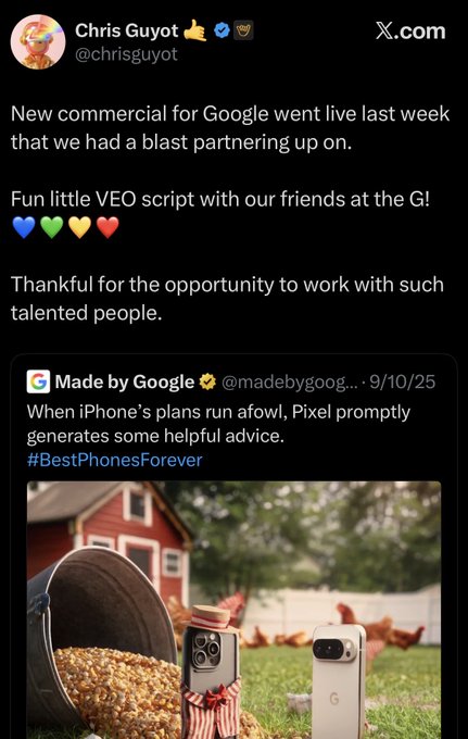 A tweet from Chris Guyot (@chrisguyot) sharing news about a new Google commercial he helped create, featuring a quote-tweet from @madebygoog about a Pixel phone advertisement with the hashtag #BestPhonesForever.