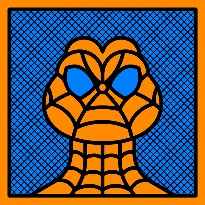 A stylized graphic illustration of an orange cobra-like snake with menacing blue eyes set against a blue crosshatch background with an orange border.
