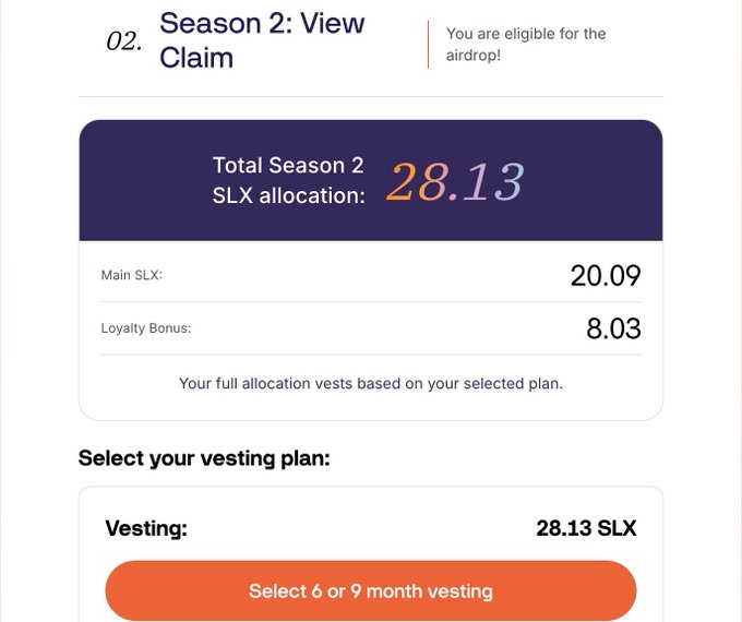 This image shows the Solstice S2 airdrop claim page, detailing a total allocation of 28.13 SLX. The image visually confirms the information about the Solstice S2 airdrop and the displayed SLX allocation mentioned in the accompanying post.