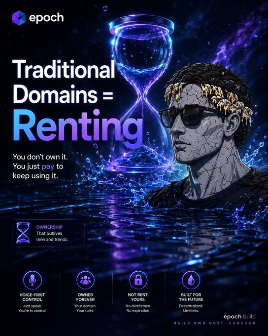 This image from Epoch contrasts "Traditional Domains = Renting" with the concept of ownership, highlighting that .epoch names on $SUI are owned forever, not rented. The visual imagery of an hourglass and a cracked, figure dissolving into water reinforces the idea of temporary, rented domains versus true ownership.