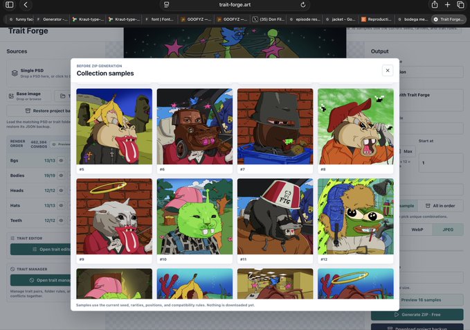 A screenshot of the 'Trait Forge' NFT generator interface on trait-forge.art, displaying a 'Collection samples' preview with various cartoon character trait combinations numbered #5 through #12.