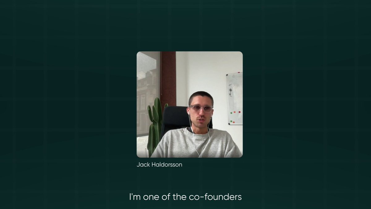 The image features a man wearing glasses sitting at a desk with a computer monitor, likely working or studying. The background of the image has a grid pattern, giving it an office-like appearance. There are two lines of text that read "I'm one of the co-founders" and "@Jackhaldorsson". These texts seem to be related to the man's name in the image.