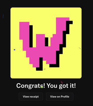 A celebratory mint confirmation screen displays a pixelated pink "W" graphic on a yellow background with the message "Congrats! You got it!" along with buttons to view the receipt or profile. The image represents a successful NFT mint from the Wonkies collection, showing the receipt for the Lakzone allocation purchased for 0.005 ETH (free mint), with a secondary floor price of 0.009 ETH ($18).