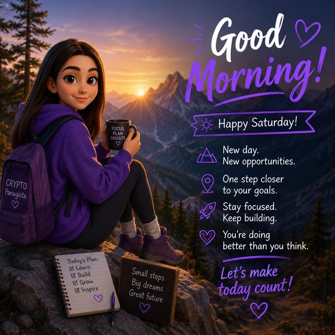 A motivational 'Good Morning!' graphic featuring a 3D cartoon woman on a mountain, with crypto-themed elements like 'Crypto Fanagiota' backpack and 'FOCUS PLAN EXECUTE' mug.