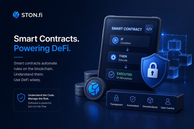 A promotional graphic for STON.fi featuring the headline 'Smart Contracts. Powering DeFi.' and explaining how smart contracts automate rules on the blockchain, with visual elements including a shield, lock, and 'IF / THEN / EXECUTED' flowchart.