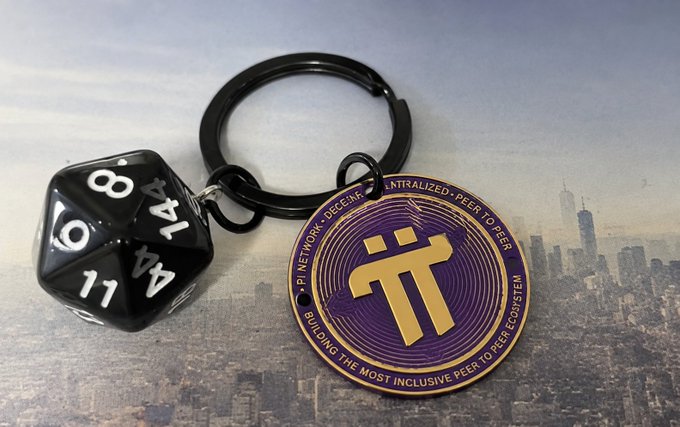 A Pi Network keychain featuring a d20-style die and the Pi cryptocurrency logo rests against a New York City skyline backdrop, with text reading "PInetwork · DECENTRALIZED · PEER TO PEER · BUILDING THE MOST INCLUSIVE PEER TO PEER ECOSYSTEM." The image relates to the post by highlighting Pi's peer-to-peer ecosystem aspirations while underscoring the gap between mining and actual application exploration, suggesting price growth is needed to drive real utility beyond token accumulation.