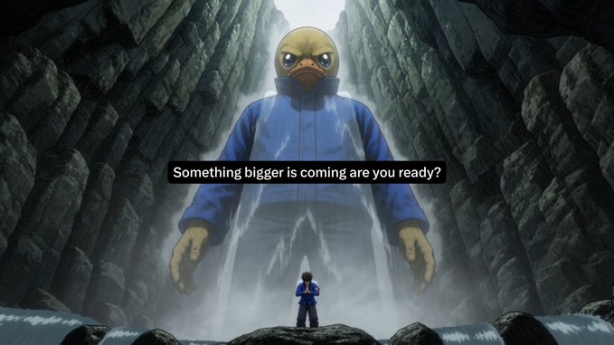 A giant duck-headed figure in a blue jacket looms over a tiny person in a misty cavern, accompanied by the caption "Something bigger is coming are you ready?" — fitting the post's theme of anticipating upcoming airdrops and updates for $EPIK.