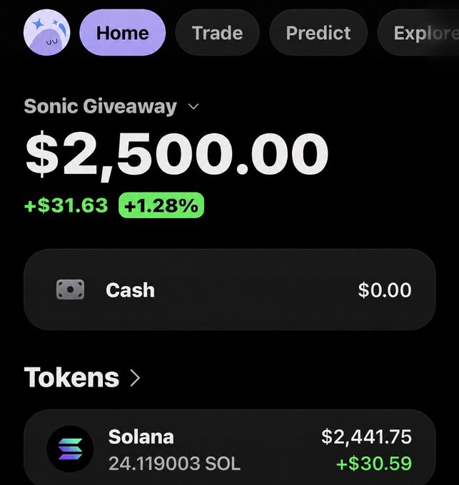 A cryptocurrency wallet app screenshot showing a portfolio labeled 'Sonic Giveaway' with a balance of $2,500.00, up $31.63 (+1.28%), holding 24.119003 SOL worth $2,441.75.