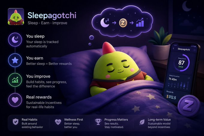 The image features a cartoon green monster with a big smile, lying down on a bed while holding a cell phone. The text above the monster reads "Good evening everyone The next evolution of Web3 is the Quantified Self. Biometric data is the most valuable asset we own, yet we give it away for free. @sleepagotchi is changing the narrative by tokenizing recovery." This suggests that the image might be related to a post about sleep tracking and its benefits or how a mobile app called Sleepagotchi helps users track their sleep patterns and improve their overall well-being.