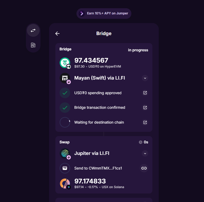 The image shows a purple screen displaying information about a cryptocurrency trading app called @jumperapp. The app has a user interface that allows users to manage their investments and transactions, including options for sending funds via different payment methods such as Bitcoin or Ethereum. The app also provides details on the progress of each transaction, including the amount sent, the amount received, and whether the transaction is confirmed or not yet confirmed. Additionally, there are options for viewing the current balance of the user's investments in various cryptocurrency exchanges like @solana and @altura.