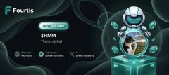 A dark-themed advertisement for Fourtis featuring a futuristic robot character, advertising the 'SHMM Thinking Cat' memecoin on the Solana blockchain.