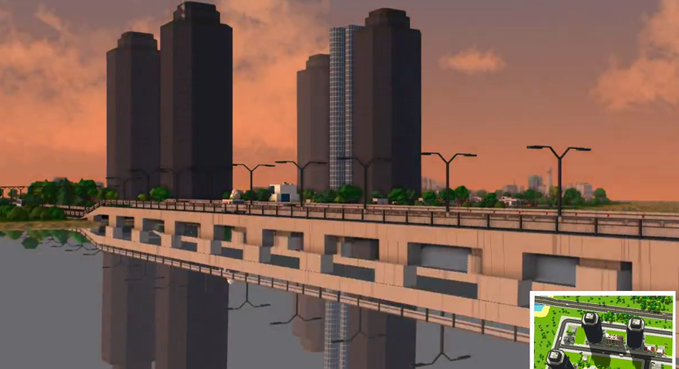 A video game or simulation screenshot depicting a cityscape with tall dark skyscrapers reflected in water, a bridge with streetlights, and a sunset sky.