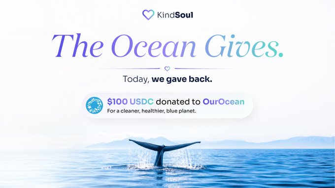 KindSoul website banner titled 'The Ocean Gives. Today, we gave back.' showing a $100 USDC donation to OurOcean, with an image of a whale tail diving into the ocean.
