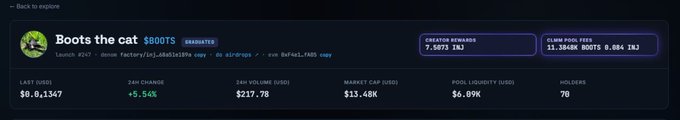 A screenshot of a cryptocurrency token page displaying 'Boots the cat $BOOTS' with a last price of $0.01347, a 24h change of +5.54%, market cap of $13.46K, and 70 holders.