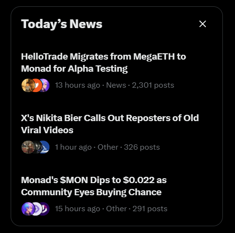 The image shows a social media feed with three posts displayed on it. The first post is about HelloTrade migrating from Megeth to Monad for Alpha Testing, the second post is about Nickita Bier calling out repositors of Old, and the third post is about a user named @Nad whose account has been dipped by $0.22 as a buying chance.