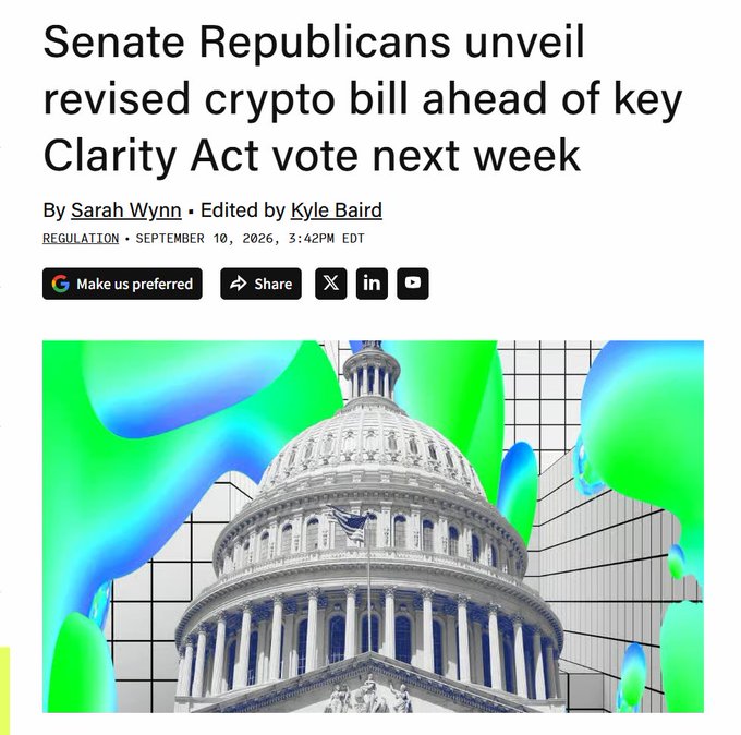 A news article headline reading 'Senate Republicans unveil revised crypto bill ahead of key Clarity Act vote next week,' by Sarah Wynn, dated September 10, 2026, featuring an image of the Capitol building.