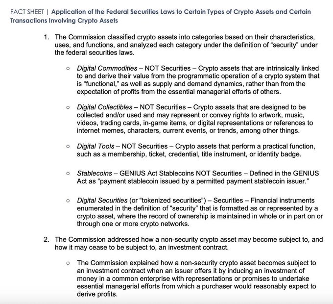 The image is an SEC fact sheet titled "Application of the Federal Securities Laws to Certain Types of Crypto Assets and Certain Transactions Involving Crypto Assets," which classifies crypto assets into five categories: Digital Commodities (NOT Securities), Digital Collectibles (NOT Securities), Digital Tools (NOT Securities), Stablecoins (GENIUS Act Stablecoins, NOT Securities), and Digital Securities (Securities).

It directly supports the post by showing the official SEC framework under which assets like Dogecoin fall into the "Digital Commodities" category, meaning they are classified as NOT securities.